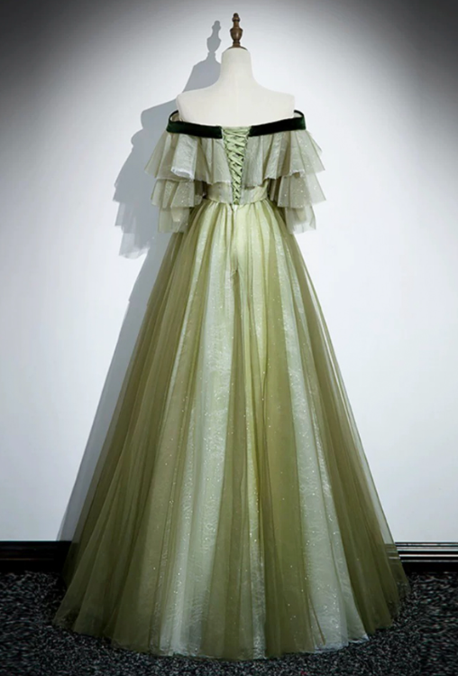 French Chic Bud Green A-Line Bateau Corset Maxi Evening Dress Prom Dress RS585