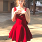 Large size French pure velvet square neck dress red birthday puffy dress R1886