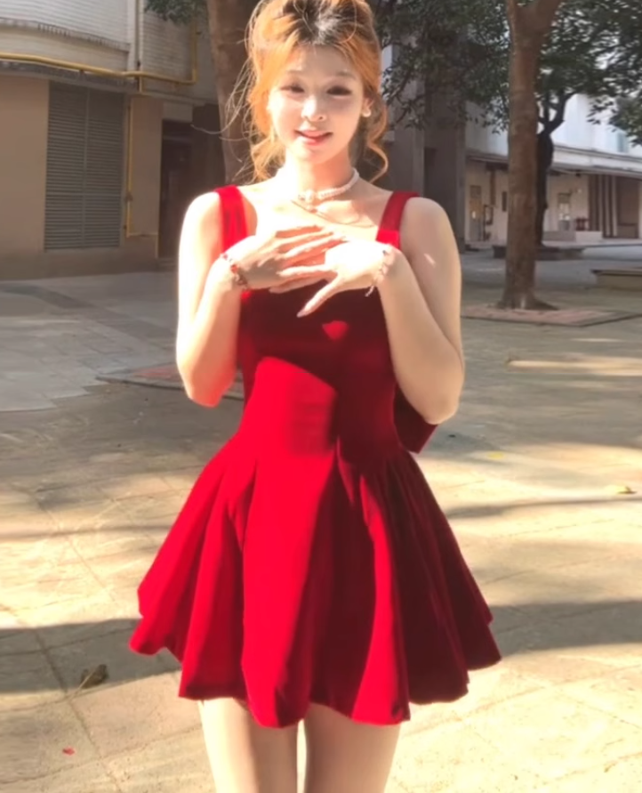 Large size French pure velvet square neck dress red birthday puffy dress R1886