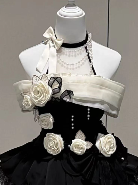 Elegant Black and White Homecoming Dress ,A-Line Strapless Applique Tiered Corset Short Prom Dress RS874