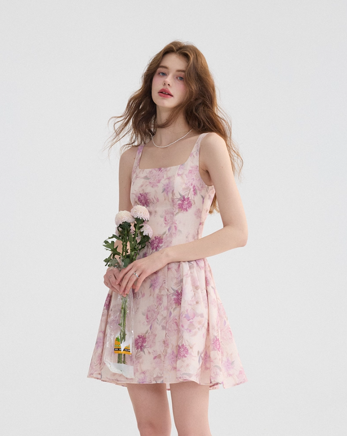 Floral suspender skirt outfit with waist-pinching dress pink short skirt for women in summer R3458