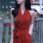 Retro halter neck dress sexy wine red temperament slim high-end dress R1486