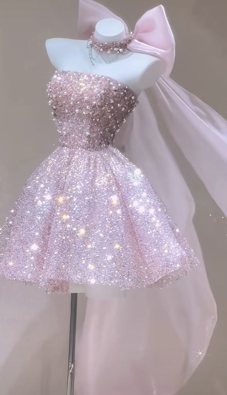 Pink sequined tube top waist slim princess skirt homecoming dress R3371