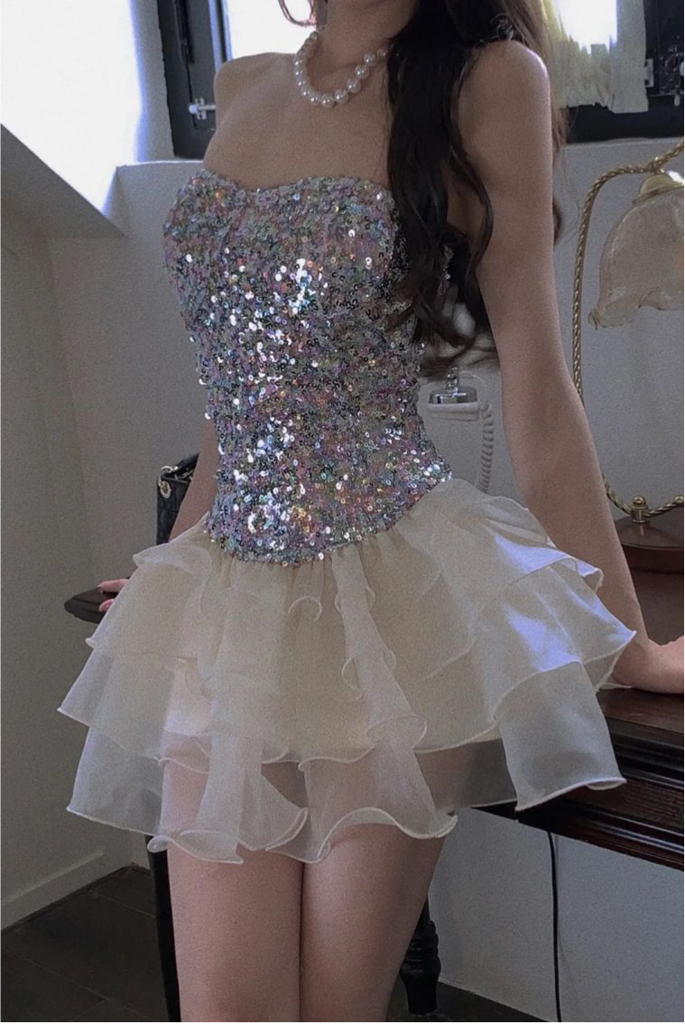 Glitter Sequins Women's Homecoming Dress Sliver Waist Fitted Short Prom Gown Birthday Dress RS3313