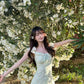 Light green floral lace trim slim and fresh A-line skirt homecoming dress R2525