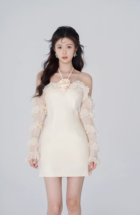 Tea break French dress women's summer white halter neck short skirt new style chic niche skirt R4463