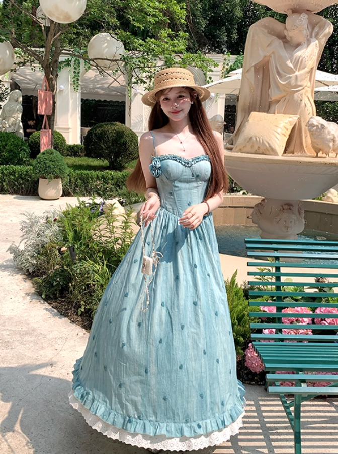 Blue long waist A-line suspender dress women's summer French temperament skirt R4870