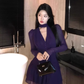 Royal sister style V-neck long-sleeved purple dress 2025 temperament waist short skirt R1332