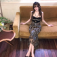 Sexy hot girl lace suspender dress 2025 leopard print waist hip fishtail skirt R1198