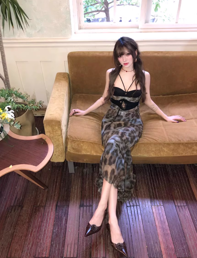 Sexy hot girl lace suspender dress 2025 leopard print waist hip fishtail skirt R1198