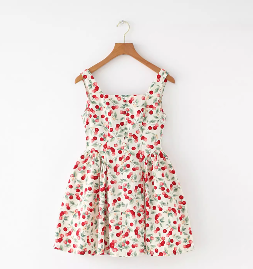 French American retro cherry design slimming waist cinching camisole dress new style R2876