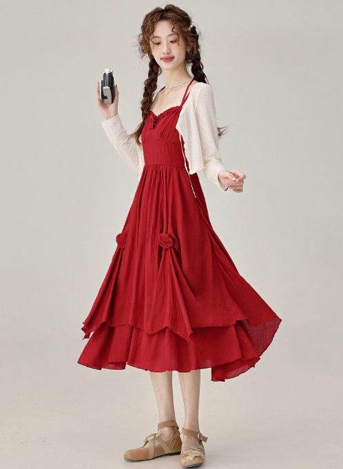 Summer French retro red suspender dress seaside holiday dress R1900