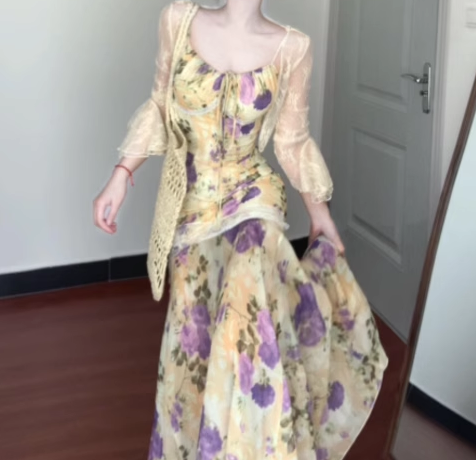 Suspender floral dress beautiful small skirt gentle temperament waist fishtail skirt R0664