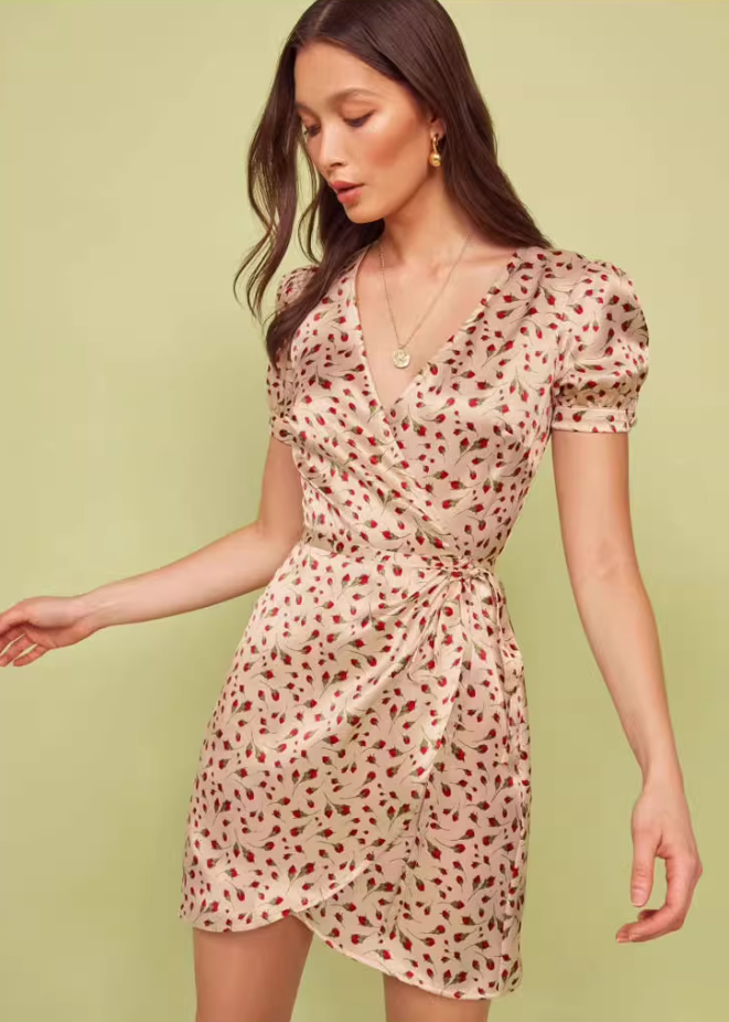 Dress V-neck French retro rose flower waist slim short skirt R2911