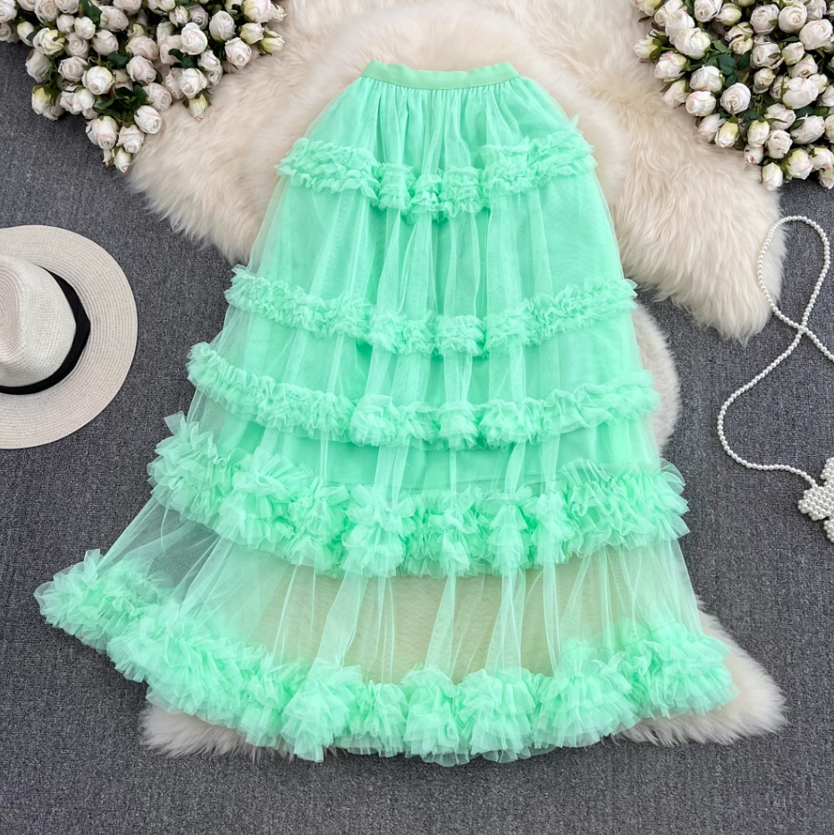 High waist slim mesh skirt elastic waist mid-length over the knee multi-layered wood ear edge cake skirt R0306