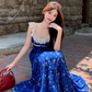 Lace stitching U-neck floral long dress French romantic holiday Klein blue suspender dress R1727