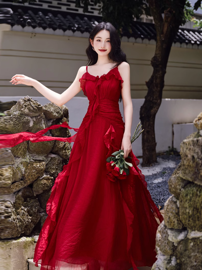 Fairy French retro red dress high-end dress ruffled sling beach dress R1714