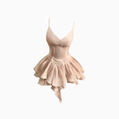 Pure desire style V-neck suspender dress 2025 sweet and spicy waist ruffled puffy short skirt R1284