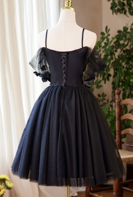 Elegant Black A-Line Spaghetti Straps Applique Corset Mini Prom Dress Homecoming Dress RS579