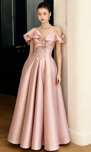 Elegant Pink Beaded Prom Dress ,A-Line Off-the-shoulder Corset Maxi Evening Dress RS870