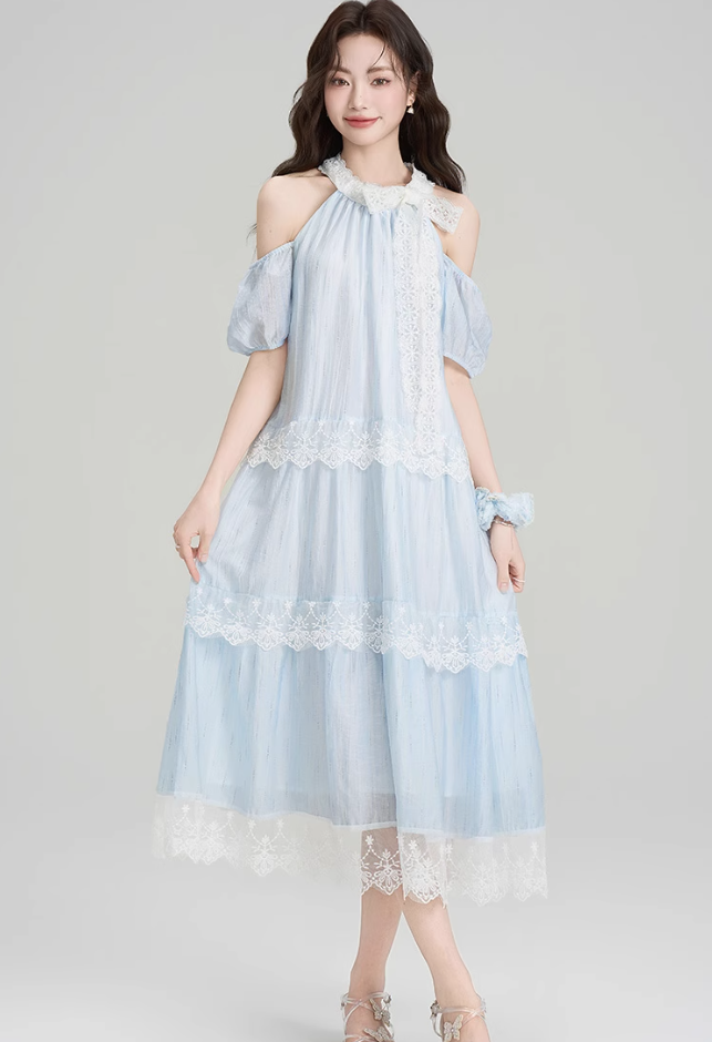 French design lace halter dress holiday style beautiful off-shoulder long dress R2399