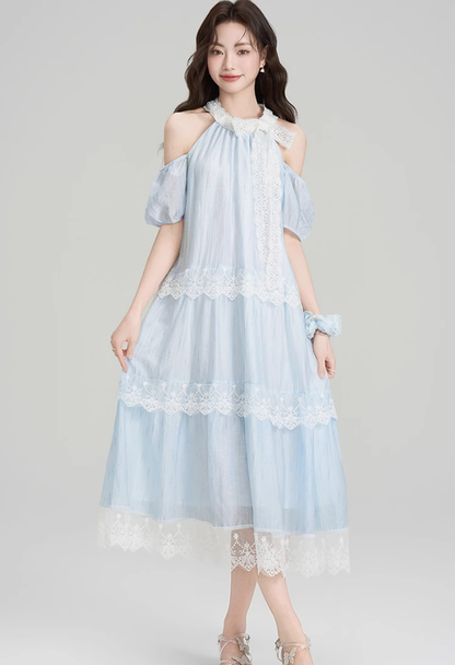 French design lace halter dress holiday style beautiful off-shoulder long dress R2399