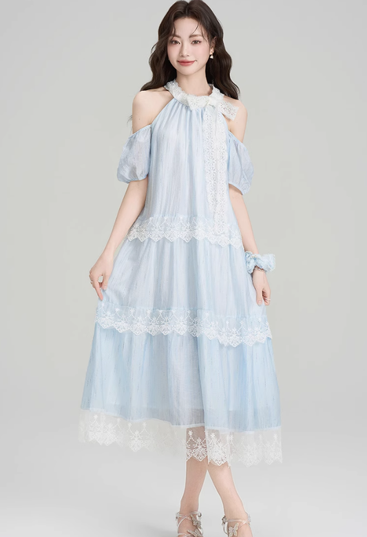 French design lace halter dress holiday style beautiful off-shoulder long dress R2399