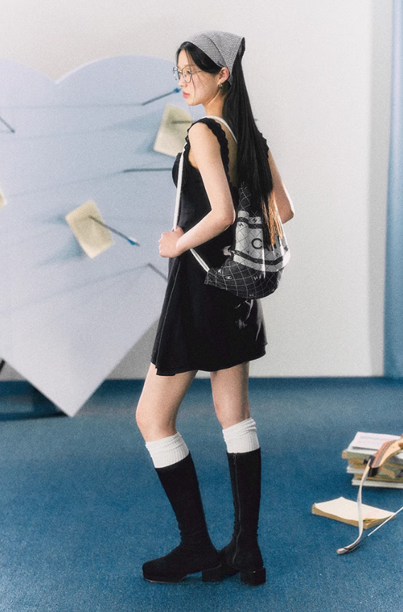 French pure black suspender dress sexy lace skirt R3323