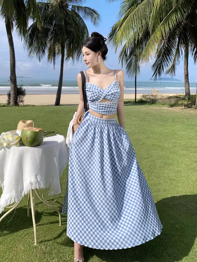 Travel wear women's beach dress backless blue and white plaid skirt a-line suit R1567
