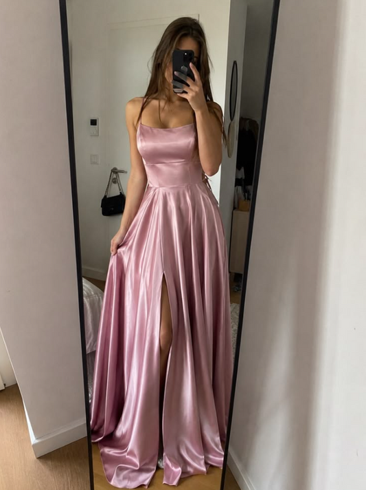 Pretty Pink Prom Dress ,A-Line Spaghetti Straps Corset Maxi Evening Dress RS881