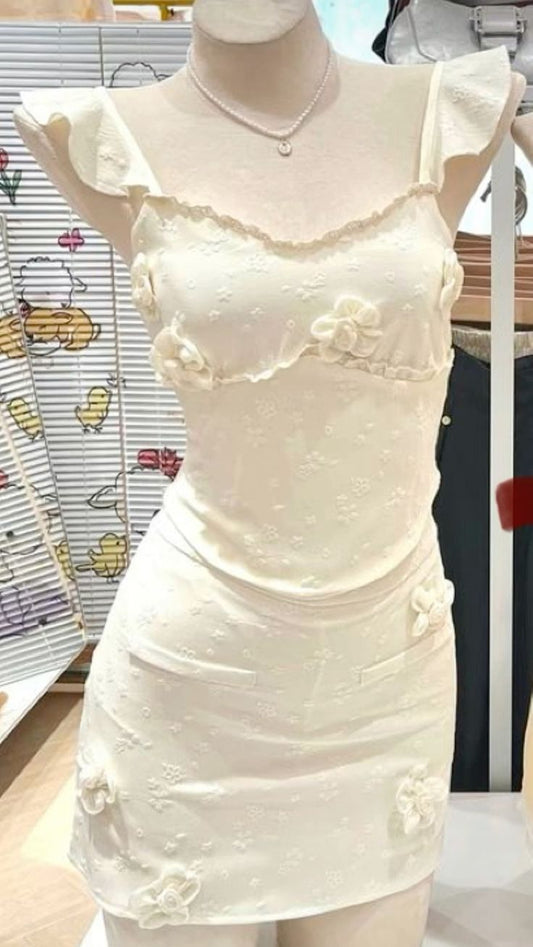 White suspender lace gentle and cute three-dimensional flower slim slim homecoming dress R2524