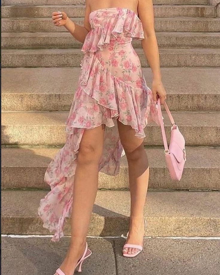 Pink floral tube top waist irregular skirt short skirt homecoming dress R3125