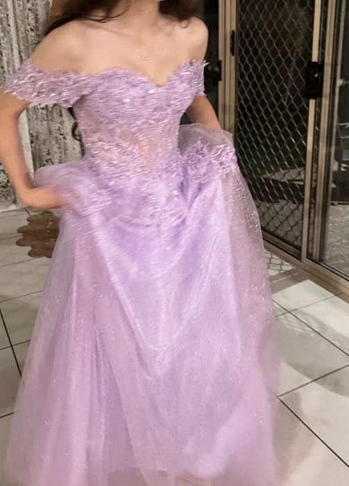 Gentle Lavender Prom Dress ,A-Line Off-the-shoulder Embroidery Corset Maxi Evening Dress RS883