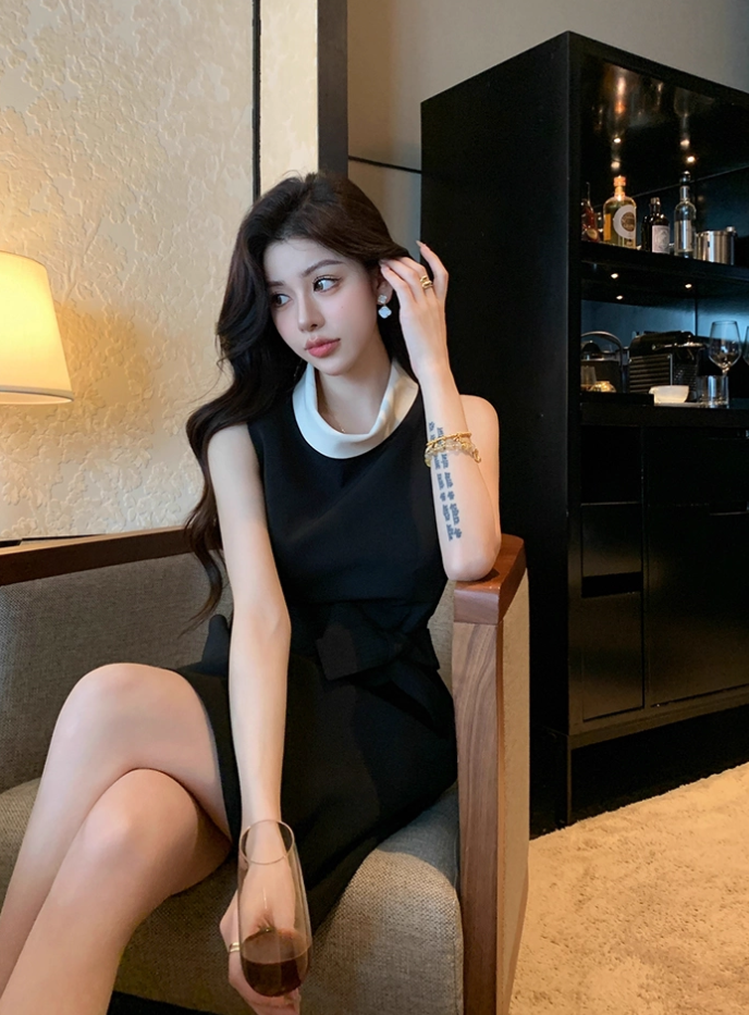 French black sweet bow sleeveless Chanel style dress R4069