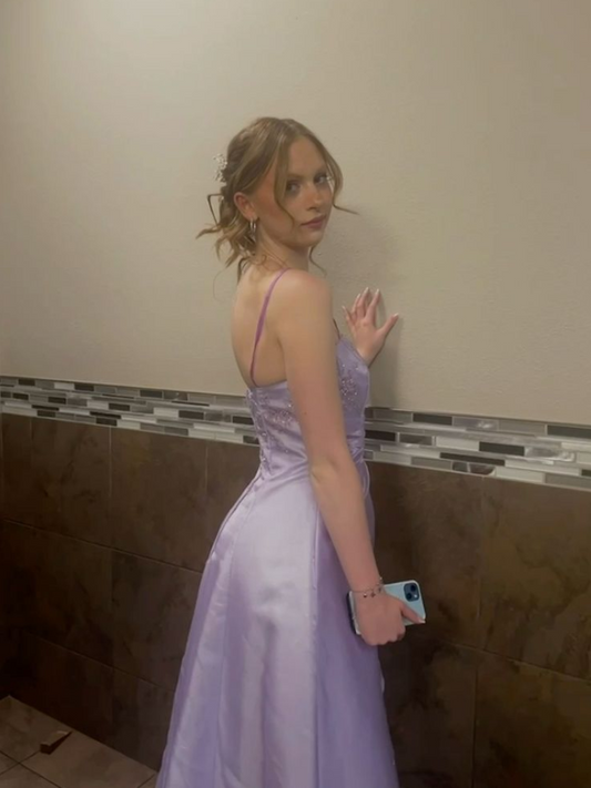 Gentle Lavender Prom Dress ,A-Line Spaghetti Straps Satin Corset Maxi Evening Dress RS884