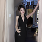 Retro skirt halter neck sexy V-neck temperament dress slit hip dress R1501
