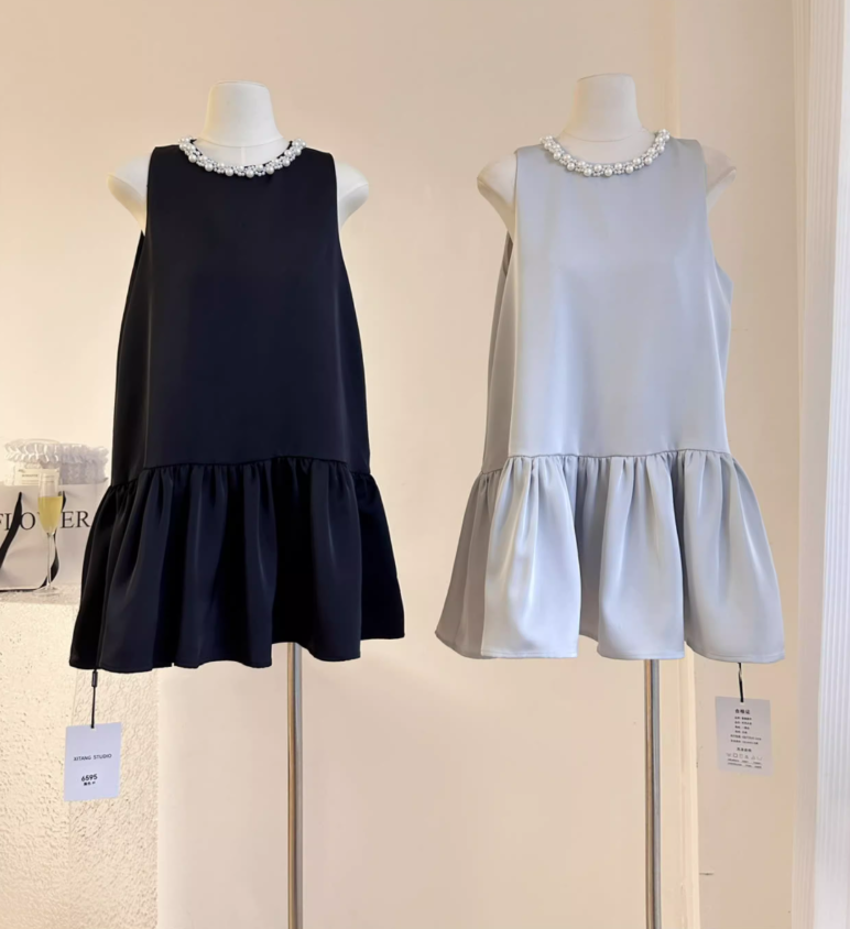 French high-end pearl round-neck sleeveless vest dress silver-gray ruffled short skirt R1990