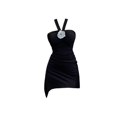 Hot girl halter neck dress female summer 2025 new black tube top irregular flower skirt R0122