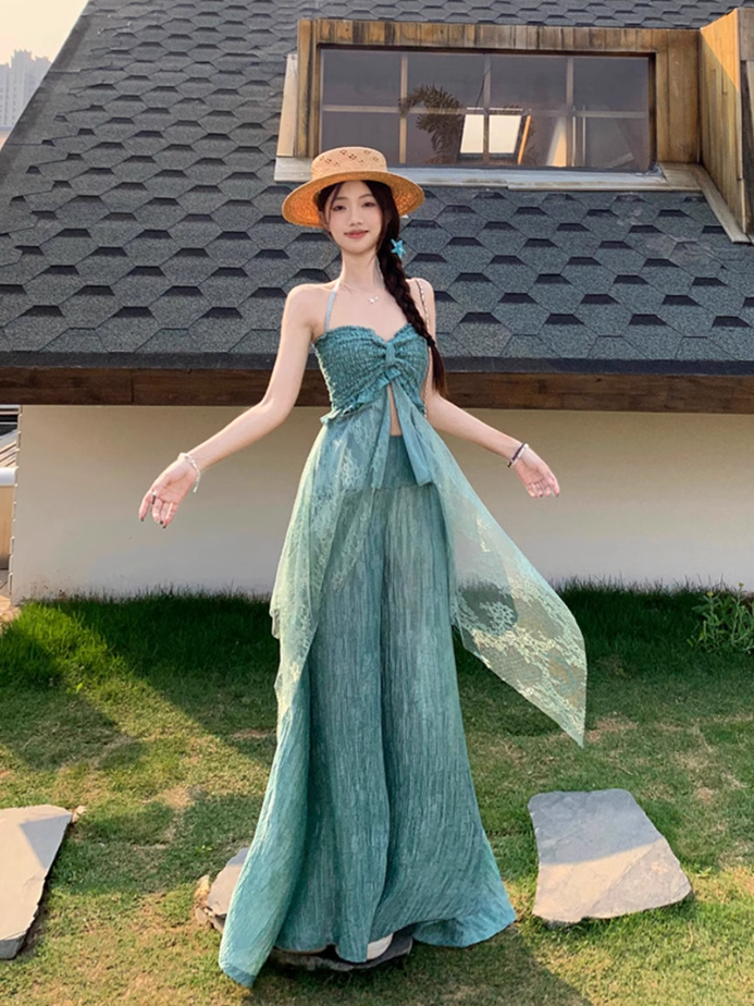 Fairy outfit: a halter neck tube top with small slings, mint green wide-leg pants, two-piece suit R1761