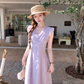 Purple V-neck small flying sleeve waist long dress summer French temperament lace skirt R4584
