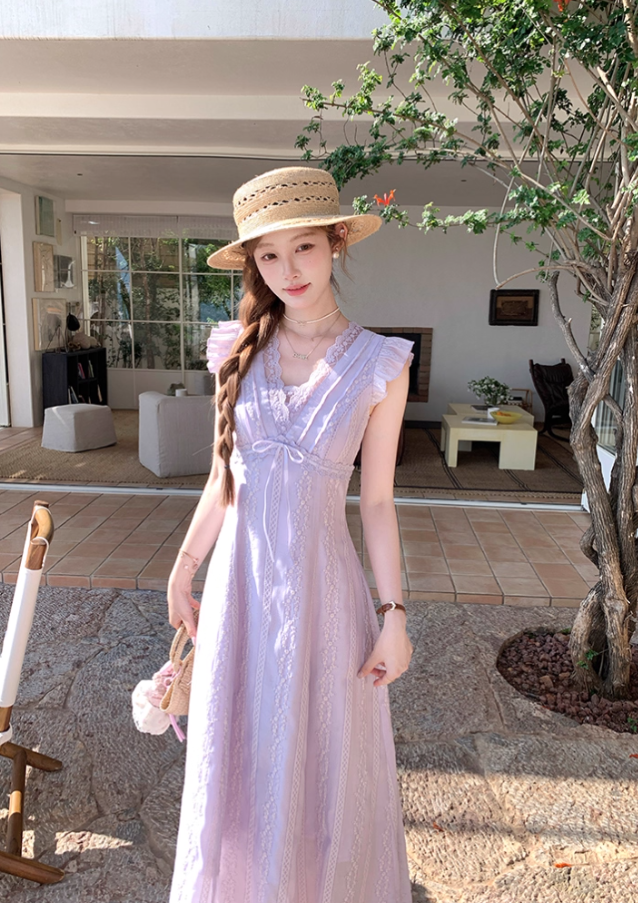 Purple V-neck small flying sleeve waist long dress summer French temperament lace skirt R4584
