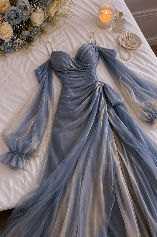 Charming Blue Prom Dress ,A-Line Spaghetti Straps Tulle Corset Maxi Evening Dress RS887