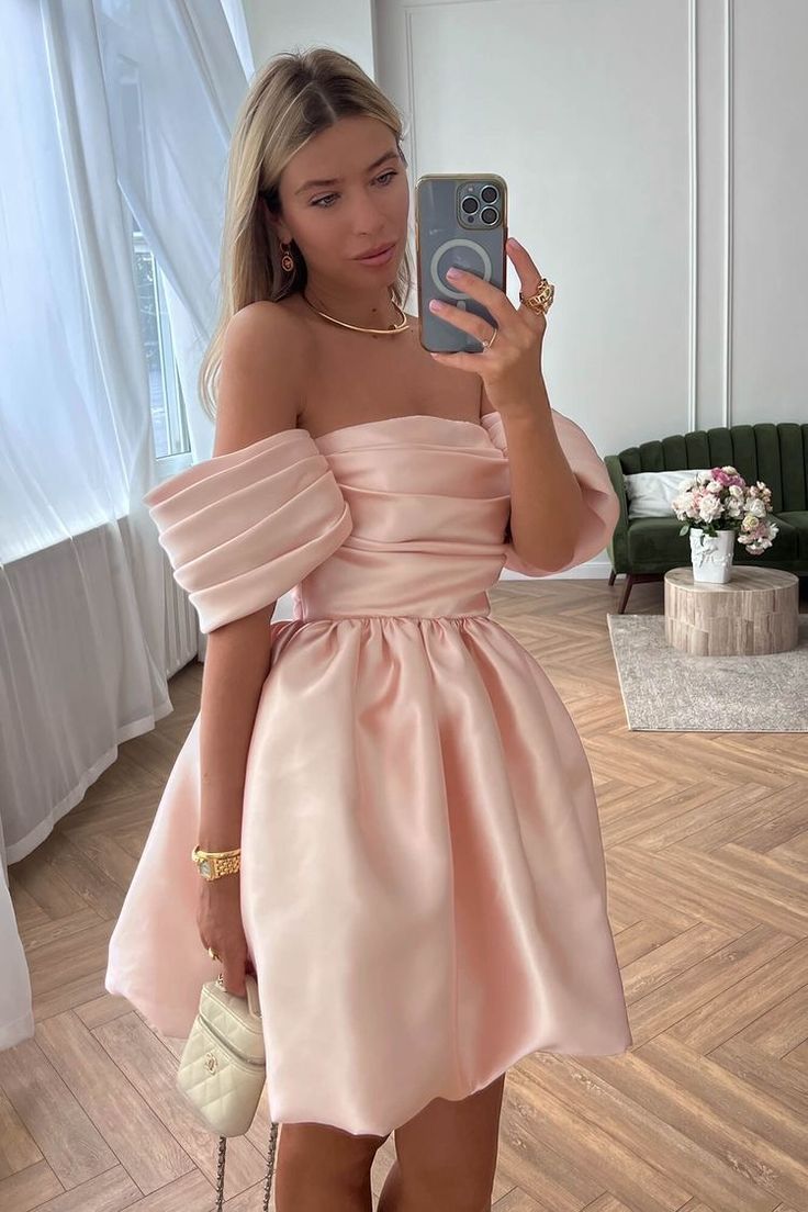 One-shoulder satin pleated princess skirt homecoming dress R2429