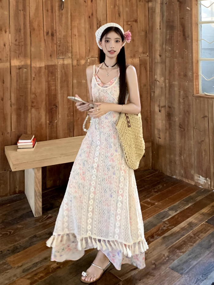 Fairy layered halter neck floral long skirt hollow lace waist temperament suspender dress R1726