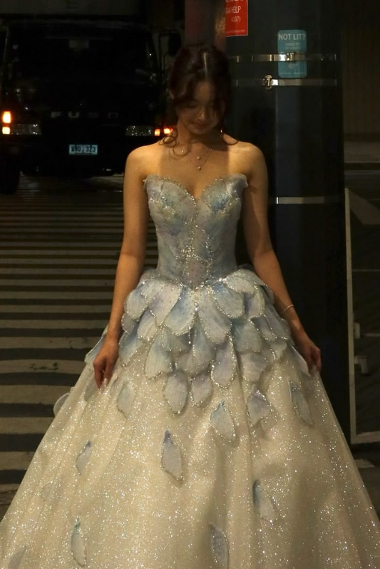 Glitter Pale Blue Prom Dress ,A-Line Sweetheart Petal Beaded Corset Maxi Evening Dress RS888