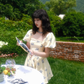 French square neck puff sleeve dress temperament tea break dress retro skirt R2705
