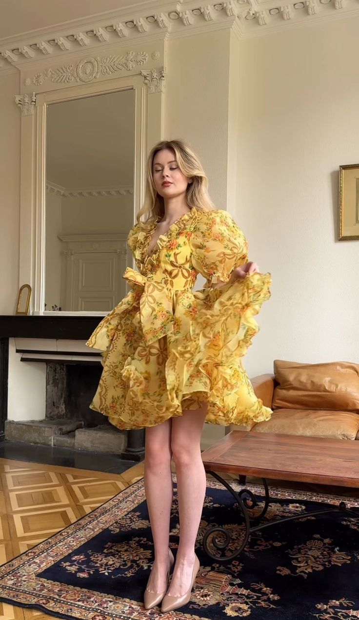 Yellow Retro Floral Princess Tutu Homecoming Dress R2829