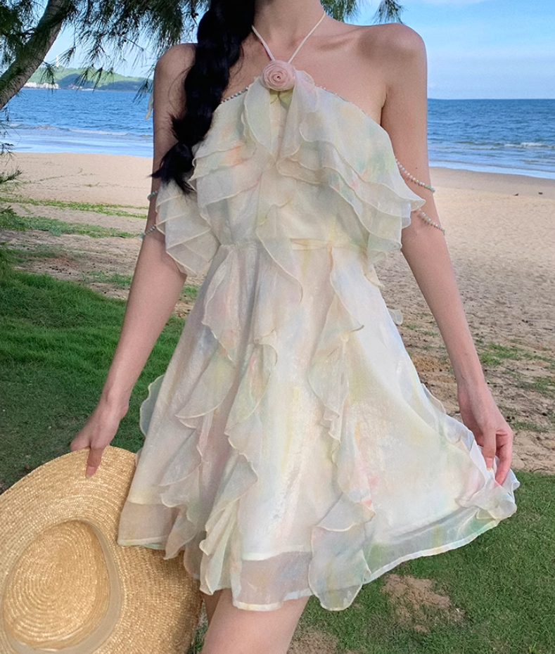 French style holiday sweet halter neck dress super fairy slim beach dress short style R1625