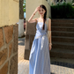 Fairy romantic French blue plaid long skirt tube top temperament design sling dress R1701