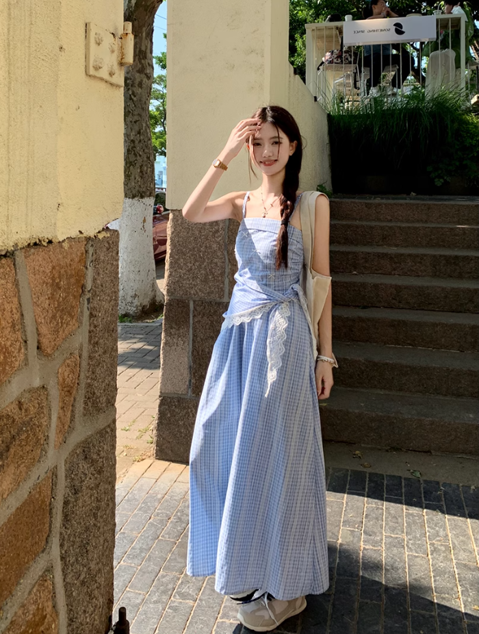 Fairy romantic French blue plaid long skirt tube top temperament design sling dress R1701